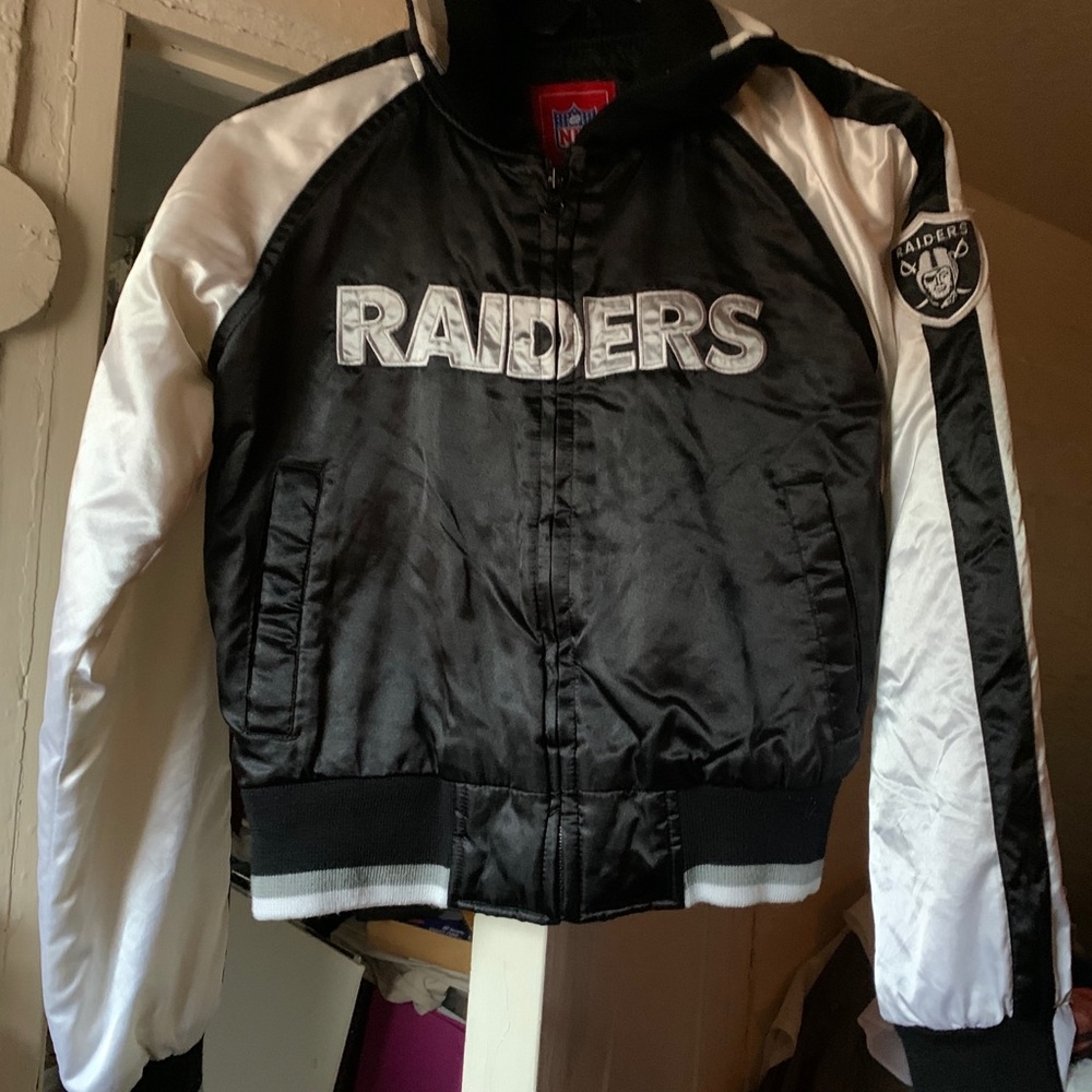Satin black and white Raiders jacket